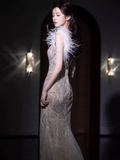 Niulatu Mermaid Straps Sequin Long Evening Dress Feather Prom Dress HZ1110