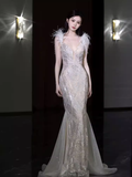 Niulatu Mermaid Straps Sequin Long Evening Dress Feather Prom Dress HZ1110