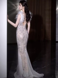 Niulatu Mermaid Straps Sequin Long Evening Dress Feather Prom Dress HZ1110
