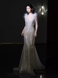 Niulatu Mermaid Straps Sequin Long Evening Dress Feather Prom Dress HZ1110