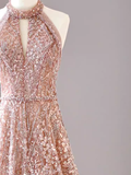 Niulatu A Line High Neckline Sequin Long Evening Dress Beads Prom Dress HZ1110