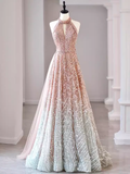 Niulatu A Line High Neckline Sequin Long Evening Dress Beads Prom Dress HZ1110