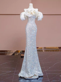 Niulatu Mermaid Off The Shoulder Sequin Long Evening Dress Beads Prom Dress HZ1110