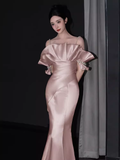 Niulatu Mermaid Straps Pink Satin Long Prom Dresses HZ1110