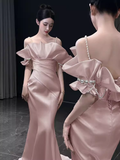 Niulatu Mermaid Straps Pink Satin Long Prom Dresses HZ1110