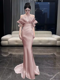Niulatu Mermaid Straps Pink Satin Long Prom Dresses HZ1110