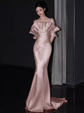 Niulatu Mermaid Straps Pink Satin Long Prom Dresses HZ1110