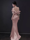 Niulatu Mermaid Straps Pink Satin Long Prom Dresses HZ1110