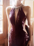Niulatu Mermaid High Neckline Sequin Burgundy Long Prom Dress HZ1110