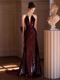 Niulatu Mermaid High Neckline Sequin Burgundy Long Prom Dress HZ1110