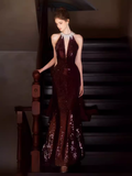 Niulatu Mermaid High Neckline Sequin Burgundy Long Prom Dress HZ1110