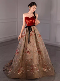 Niulatu Ball Gown Strapless Burgundy Sequin Long Evening Dress Prom Dress HZ1110