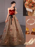 Niulatu Ball Gown Strapless Burgundy Sequin Long Evening Dress Prom Dress HZ1110