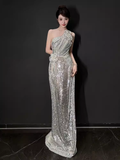 Niulatu Mermaid One Shoulder Silver Sequin Long Prom Dress HZ1110