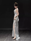 Niulatu Mermaid One Shoulder Silver Sequin Long Prom Dress HZ1110