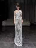 Niulatu Mermaid One Shoulder Silver Sequin Long Prom Dress HZ1110