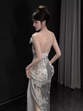 Niulatu Mermaid One Shoulder Silver Sequin Long Prom Dress HZ1110