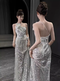 Niulatu Mermaid One Shoulder Silver Sequin Long Prom Dress HZ1110