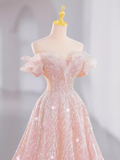 Niulatu A line Off The Shoulder Pink Sequin Long Evening Dress Prom Dress HZ1110