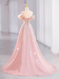 Niulatu A line Off The Shoulder Pink Sequin Long Evening Dress Prom Dress HZ1110