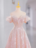 Niulatu A line Off The Shoulder Pink Sequin Long Evening Dress Prom Dress HZ1110