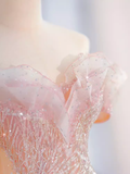 Niulatu A line Off The Shoulder Pink Sequin Long Evening Dress Prom Dress HZ1110