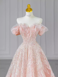 Niulatu A line Off The Shoulder Pink Sequin Beads Long Evening Dress Prom Dresses HZ1110