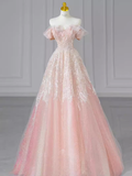 Niulatu A line Off The Shoulder Pink Sequin Beads Long Evening Dress Prom Dresses HZ1110