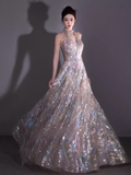 Niulatu A line High Neckline Sequin Beads Long Evening Dress Prom Dresses HZ1110