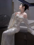 Niulatu Mermaid Off The Shoulder Silver Sequin Long Prom Dress HZ1110