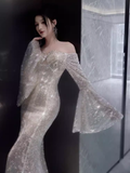 Niulatu Mermaid Off The Shoulder Silver Sequin Long Prom Dress HZ1110