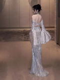 Niulatu Mermaid Off The Shoulder Silver Sequin Long Prom Dress HZ1110