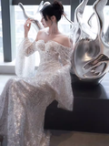 Niulatu Mermaid Off The Shoulder Silver Sequin Long Prom Dress HZ1110