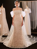 Niulatu Mermaid Strapless Lace Wedding Dress With Short Sleeves HZ1110