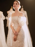 Niulatu Mermaid Strapless Lace Wedding Dress With Short Sleeves HZ1110