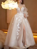 Niulatu A Line Strapless Lace White Wedding Dress With Slit HZ1110