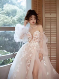 Niulatu A Line Strapless Lace White Wedding Dress With Slit HZ1110