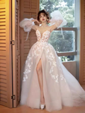 Niulatu A Line Strapless Lace White Wedding Dress With Slit HZ1110