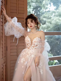 Niulatu A Line Strapless Lace White Wedding Dress With Slit HZ1110