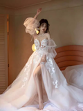 Niulatu A Line Strapless Lace White Wedding Dress With Slit HZ1110