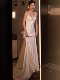 Niulatu Mermaid Straps Satin White Wedding Dress With Pearls HZ1110
