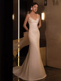 Niulatu Mermaid Straps Satin White Wedding Dress With Pearls HZ1110
