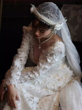 Niulatu A line V Neckline Lace White Wedding Dress With Long Sleeves HZ1110