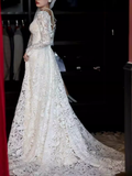 Niulatu A line V Neckline Lace White Wedding Dress With Long Sleeves HZ1110