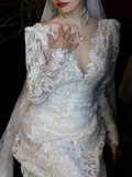 Niulatu A line V Neckline Lace White Wedding Dress With Long Sleeves HZ1110