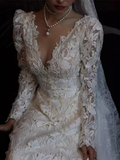 Niulatu A line V Neckline Lace White Wedding Dress With Long Sleeves HZ1110