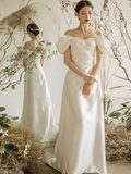 Niulatu A line Off The Shoulder White Wedding Dress With Short Sleeves HZ1110