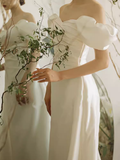 Niulatu A line Off The Shoulder White Wedding Dress With Short Sleeves HZ1110
