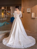 Niulatu A line Square Neckline Lace White Wedding Dress With Long Sleeves HZ1110