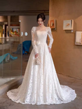 Niulatu A line Square Neckline Lace White Wedding Dress With Long Sleeves HZ1110